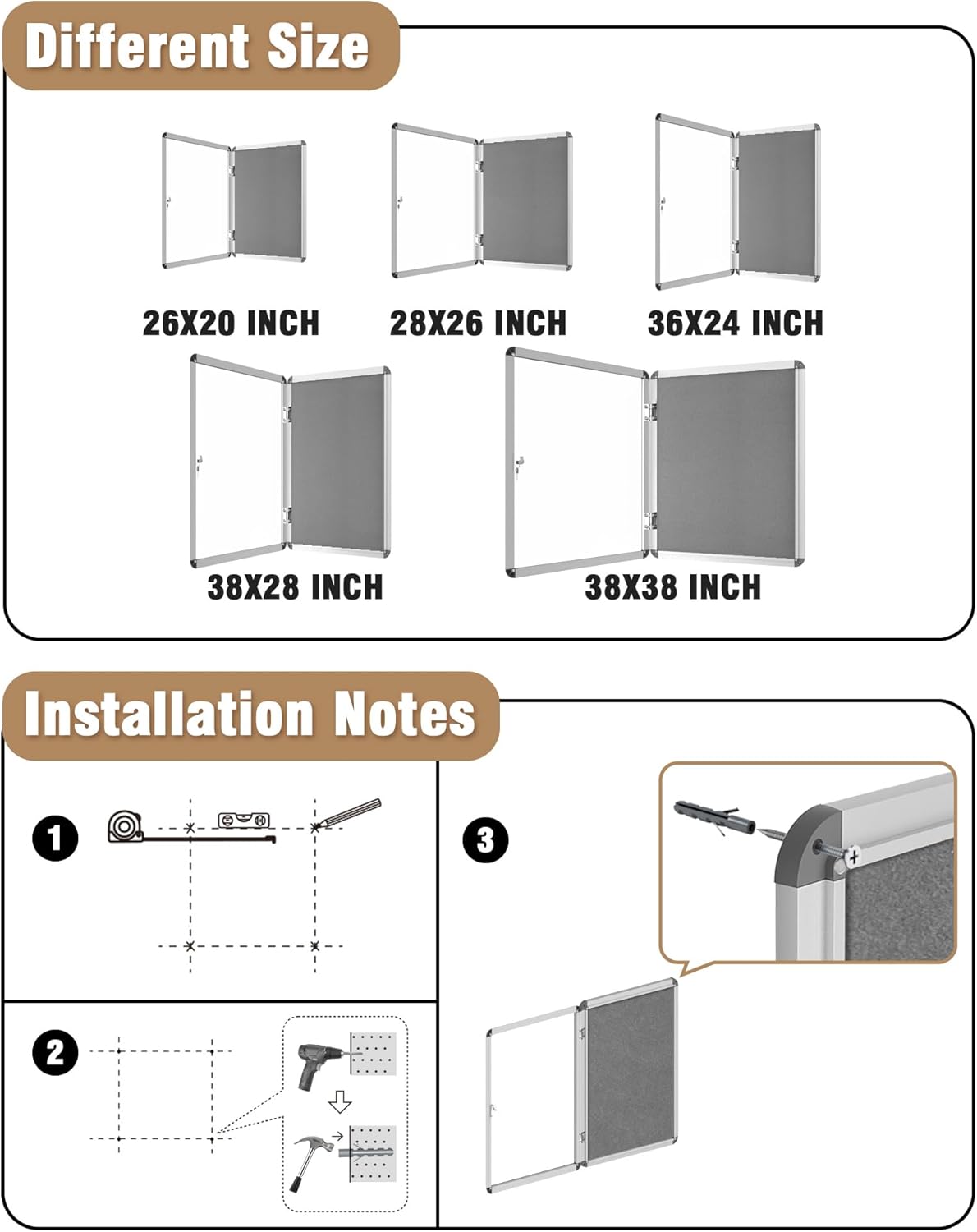 38"x28" Enclosed Bulletin Board, Lockable Weather-Resistant Aluminum Cork Noticeboard for School & Office, Silver Frame w/Grey Flet