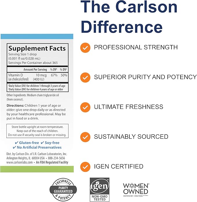 Carlson - Kid's Super Daily D3, Kids Vitamin D Drops, 400 IU (10 mcg) per Drop, Heart & Immune Health, Vegetarian, Liquid Vitamin D Drops, Unflavored, 365 Drops
