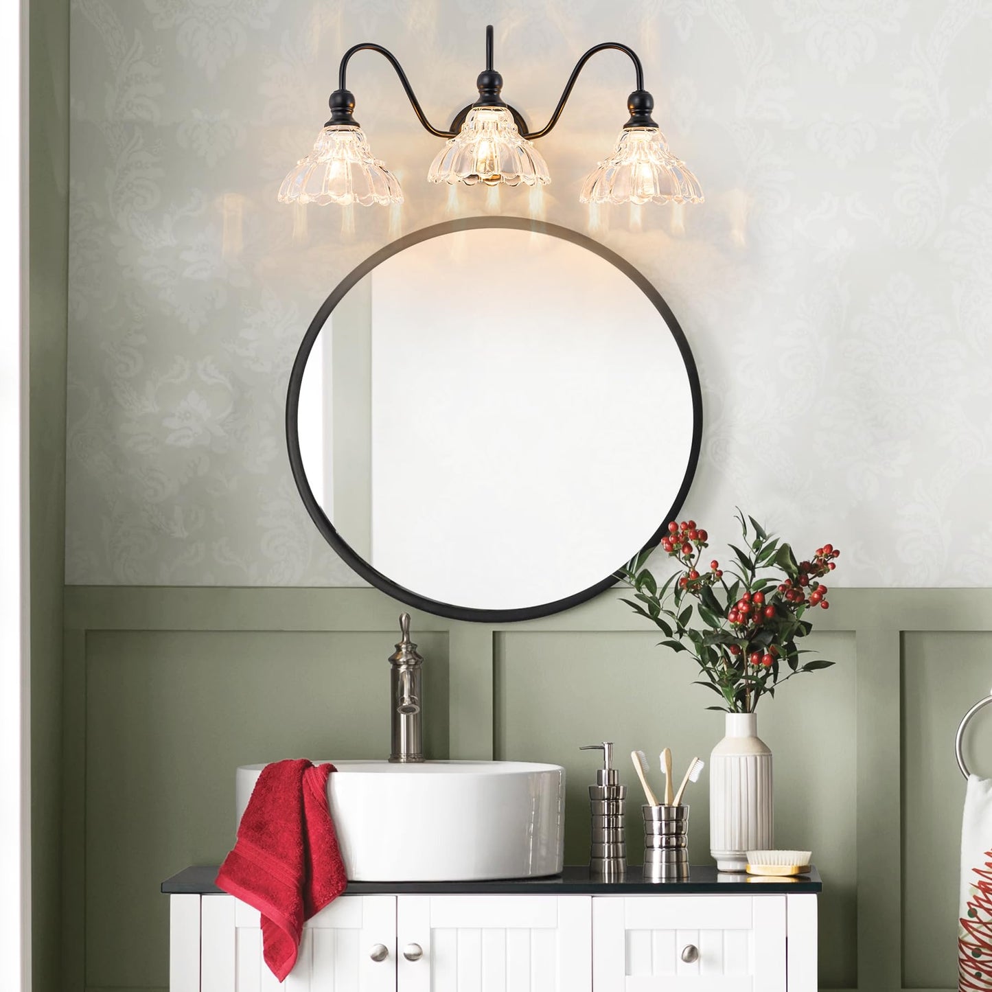 Brknit Vintage Bathroom Light Fixtures Over Mirror  3-Light Black Wall Sconce Lighting With Flower Glass Shade  Farmhouse Vanity Lights For Bedroom Kitchen Living Room Hallway Light