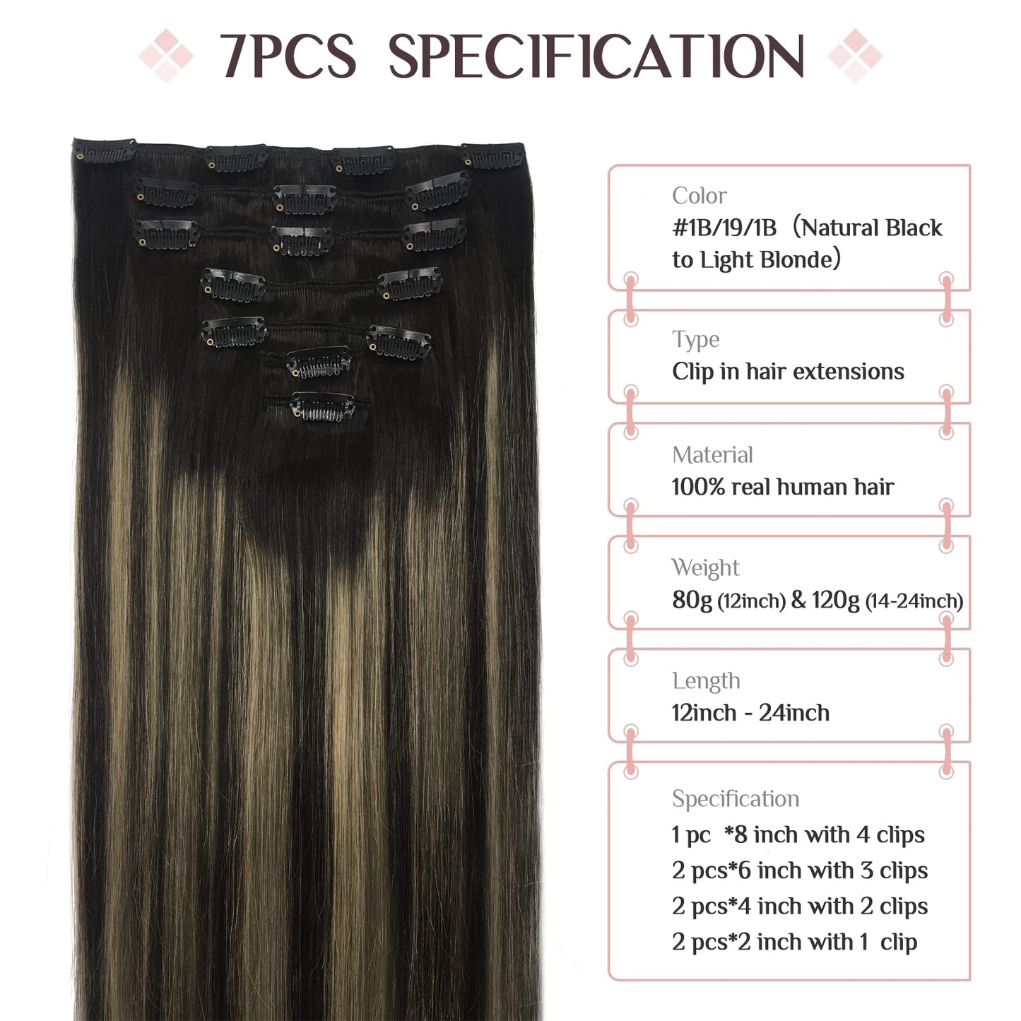 MAXITA Human Hair Clip-in Extensions - 7pcs, 120g, 20 Inch, Balayage Natural Black to Light Blonde, Long Straight Real Hair