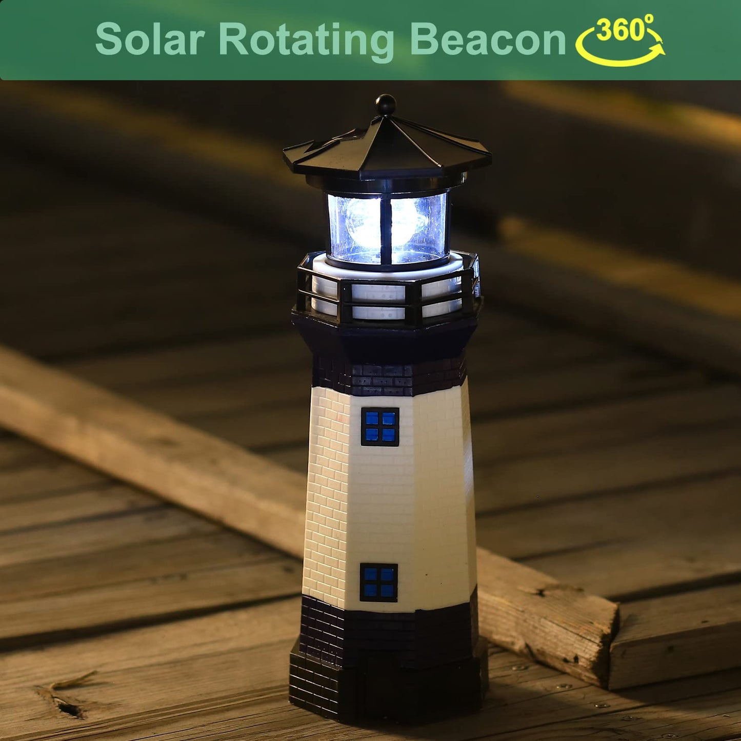 WDLFCGC Solar Powered Lighthouse - 12in Tall, Rotating Beacon, Blue, Model 3131B