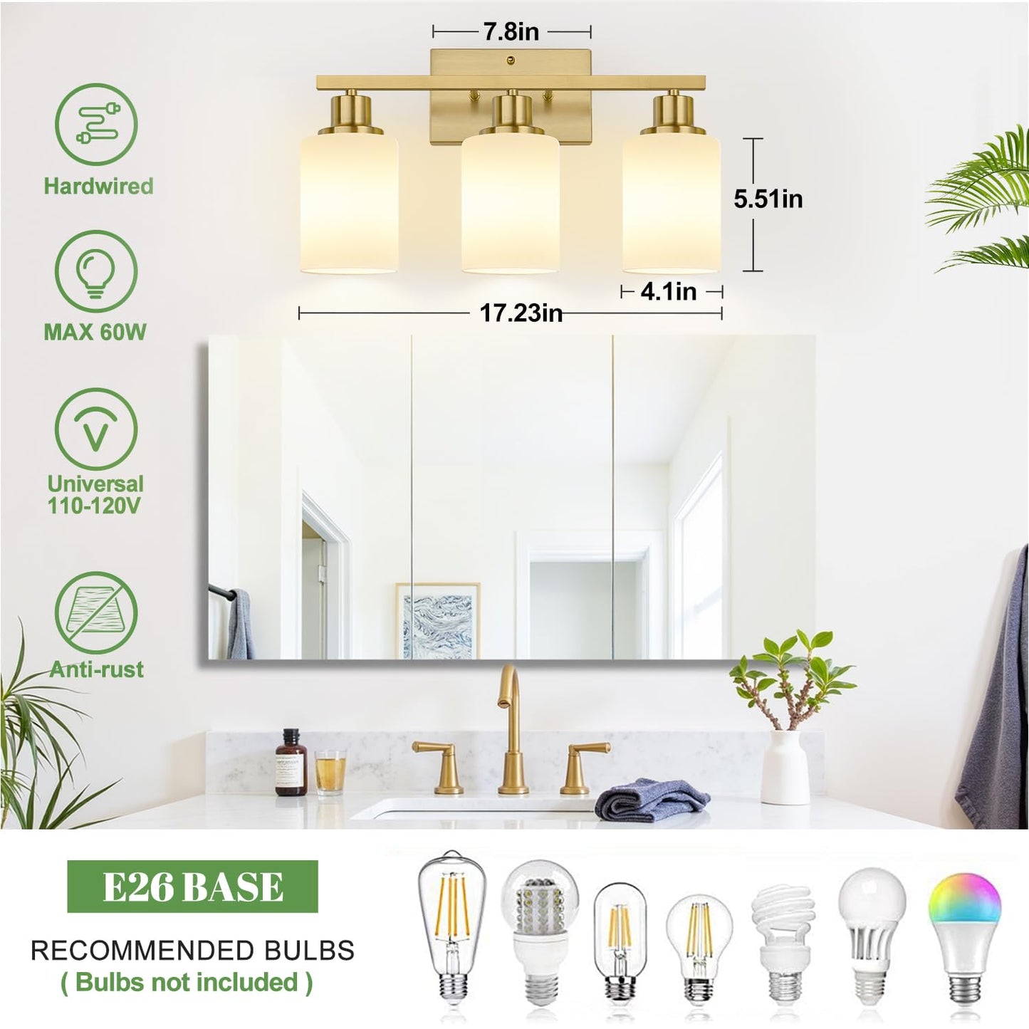 3-Light Bathroom Light Fixtures  Brushed Gold Vanity Light With Milky White Shades  Bathroom Lighting Fixtures Over Mirror  Modern Bathroom Wall Lamp For Mirror Living Room Cabinet Bedroom