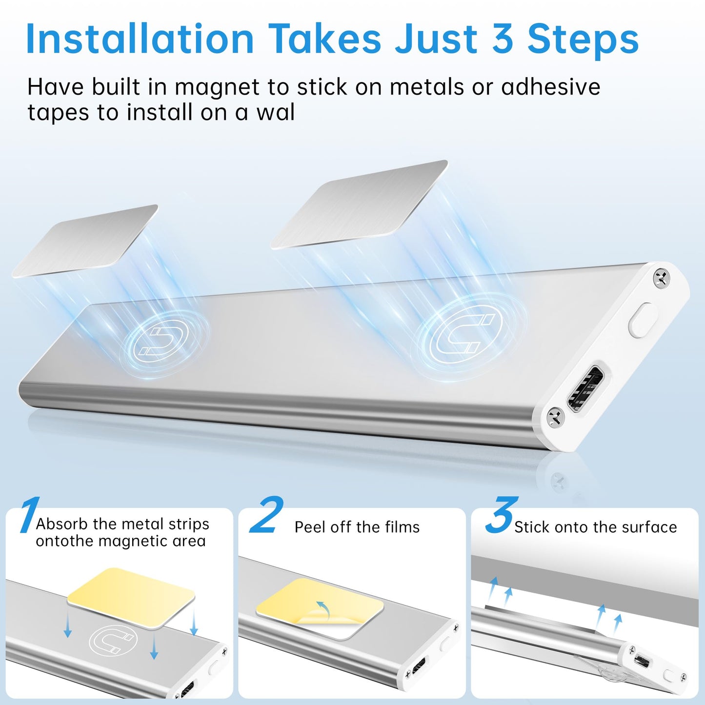 Pzsunly Under Cabinet Lighting 54 Led 1800Mah Rechargeable Motion Sensor Light 3 Colors Dimmable Magnetic Closet Lights Indoor Night Lights For Kitchen Bedroom Stairs 5 Pack