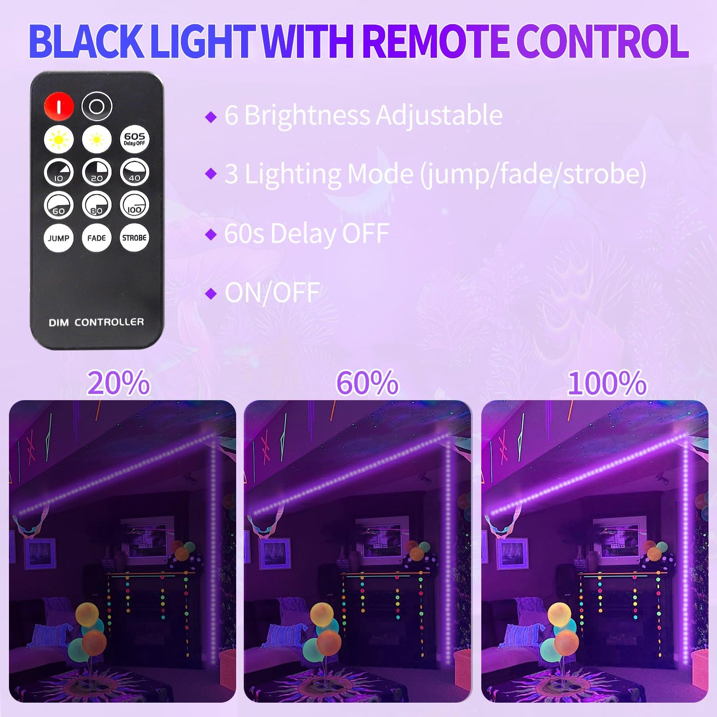 Shgpoda 50 Foot Black Light Strip & Remote  900Leds  Dimmable 12V Flexible Black Lights For Glow Party  Bedroom  Hallween  Fluorescent Tapestry Poster  3 Light Modes  Non-Waterproof