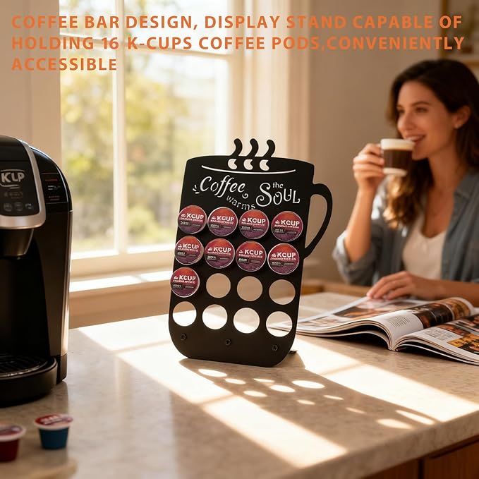 Metal K Cups Coffee Pod Holder, 19 Pods Holder Display,Coffee Bar Organizer for Home ,Kitchen,Office or Workspace, Black frosted Capsule Storage | Stylish Lettering Decor (Coffee Warms Soul)