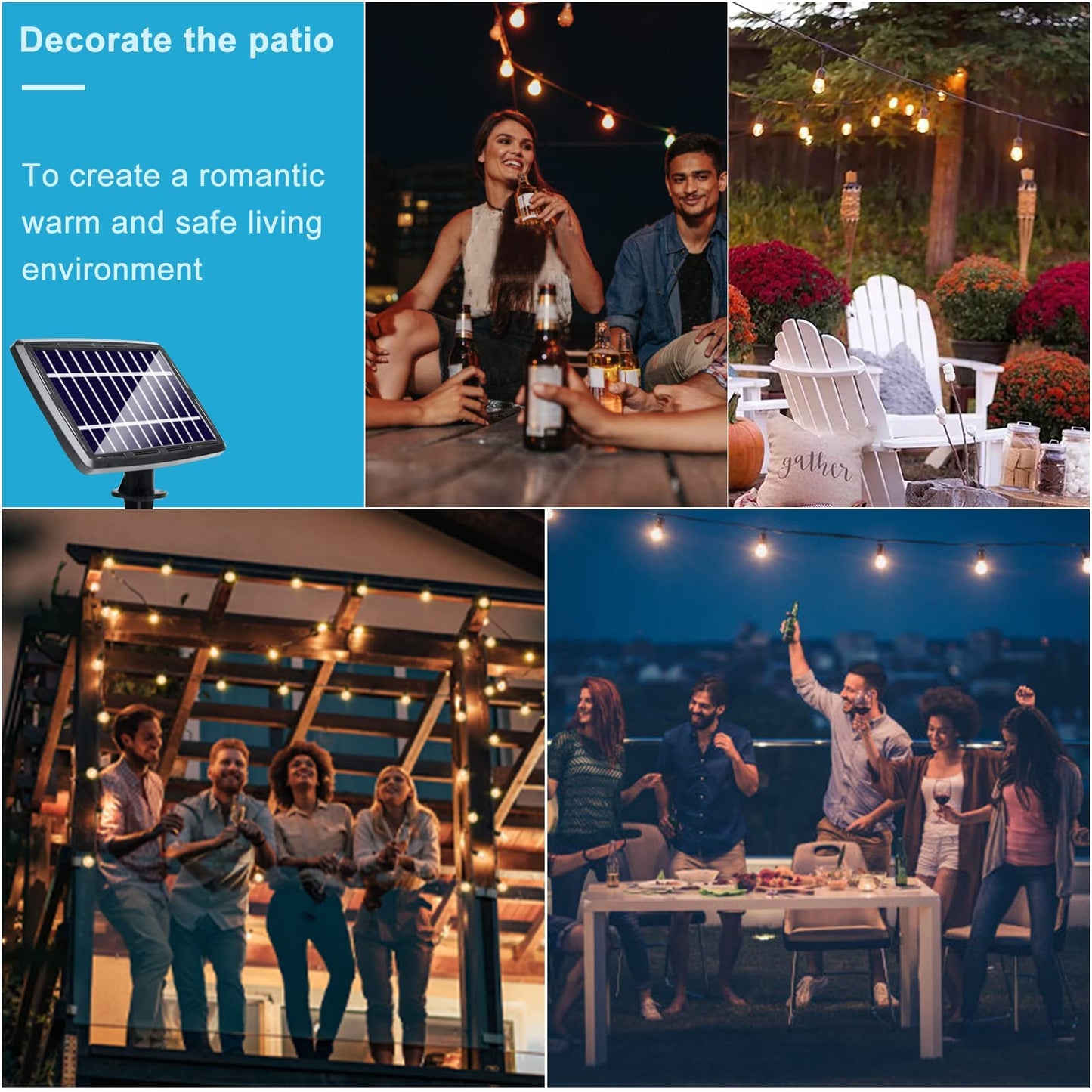 Lightdot Solar Outdoor String Lights, 48FT, Warm White, Waterproof, 16 Shatterproof LED Bulbs