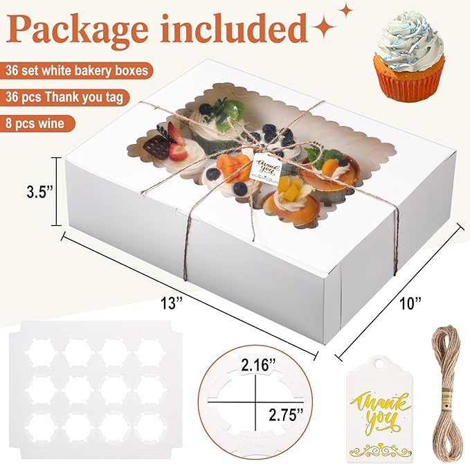 36 Pack Cupcake Boxes Hold 12 Count Christmas Disposable Cupcake Containers with Window and Cake Carrier with Thanks Card and Jute Rope to Muffins Cupcakes Cookies Gift Wrapping(White)