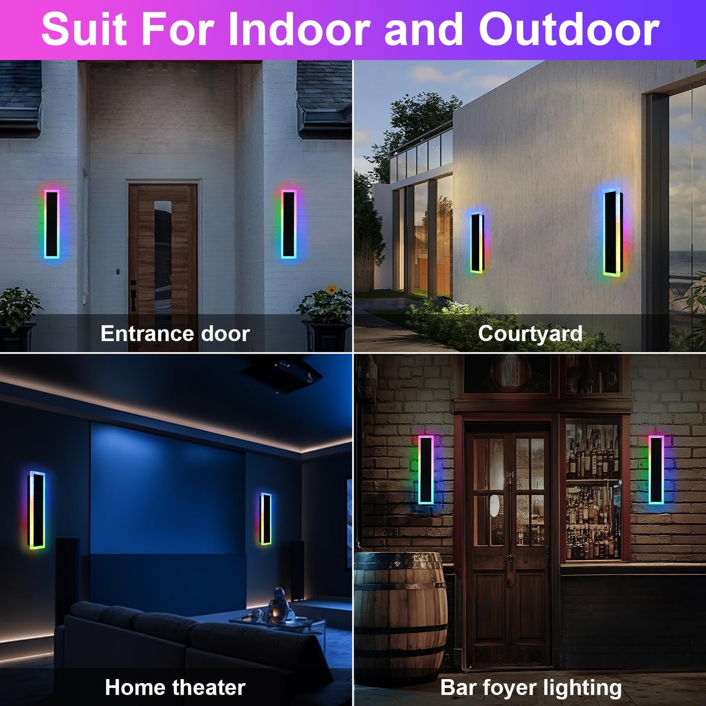 QueeuQ RGB LED Outdoor Wall Lights, 24 inch Dimmable Metal Fixture, 2 Pack, Model 11-SZ-9970-RGBCW-12W-24in