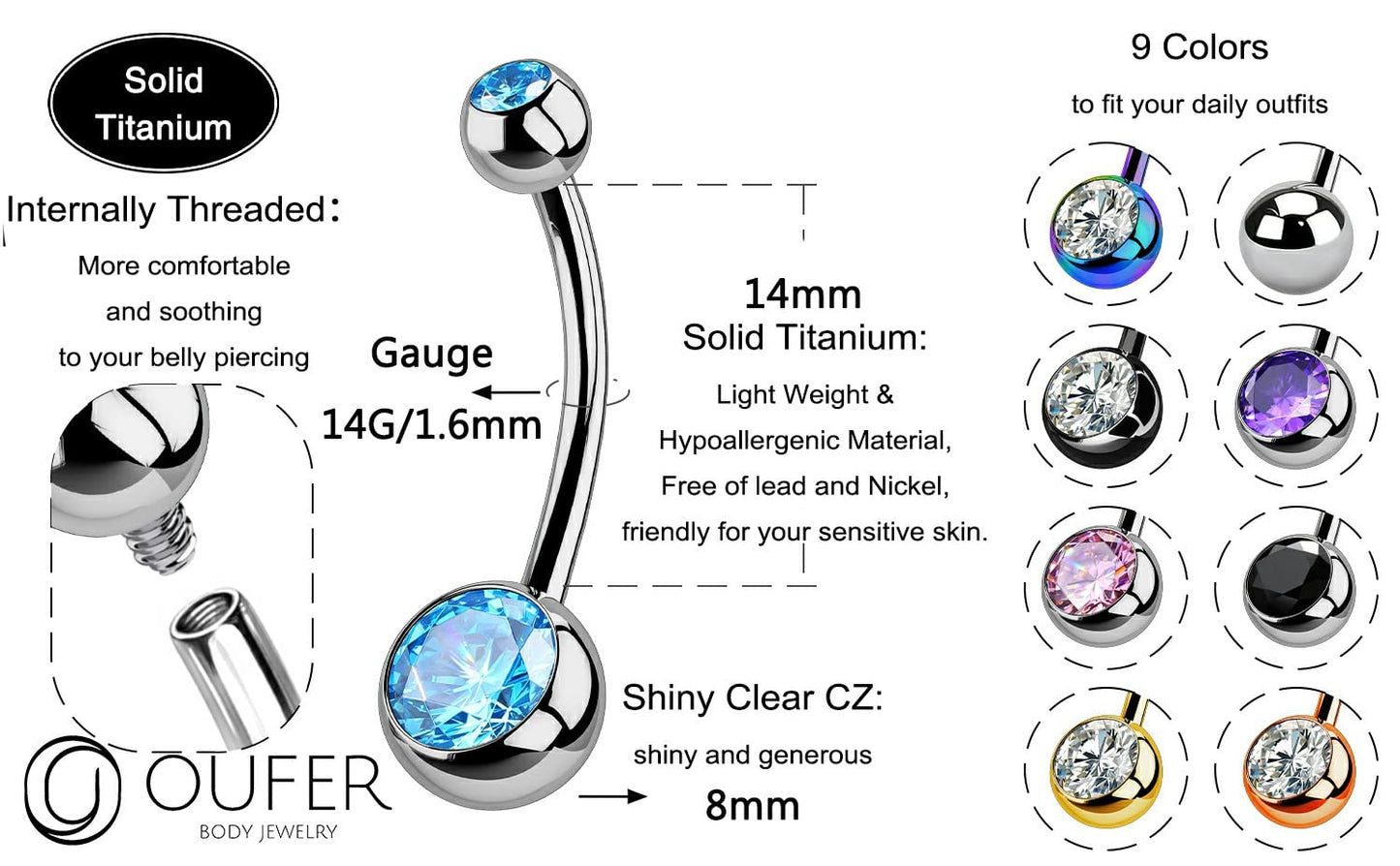 OUFER Titanium Belly Button Rings, Internally Threaded 14mm Long Belly Ring, Round CZ Navel Rings for Women Men n(Blue)