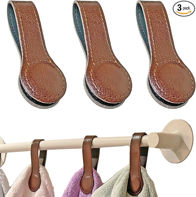 Prriudy 3 Pack Leather Towel Clips Magnetic Bath Towel Clips Hand Towel Hooks with Magnets for Towel Rods and Racks, Kitchen and Bathroom Accessory (Brown, 3 Pack)