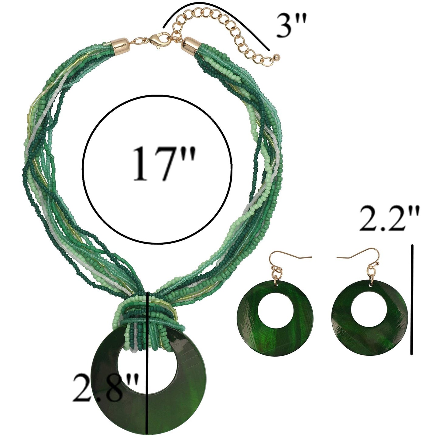 Coiris Multi Strand Statement Colorful Beaded Necklace Earrings Set with Big Circle Shell Pendant for Women (N0055-Dark Green)