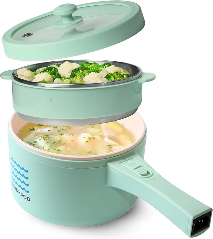 DRINKPOD 2L Electric Hot Pot with Steamer, Portable Multi Cooker for Ramen, Eggs, Soup, Oatmeal Non-Stick Mini Pot with Adjustable Temperature (AQUA GREEN)
