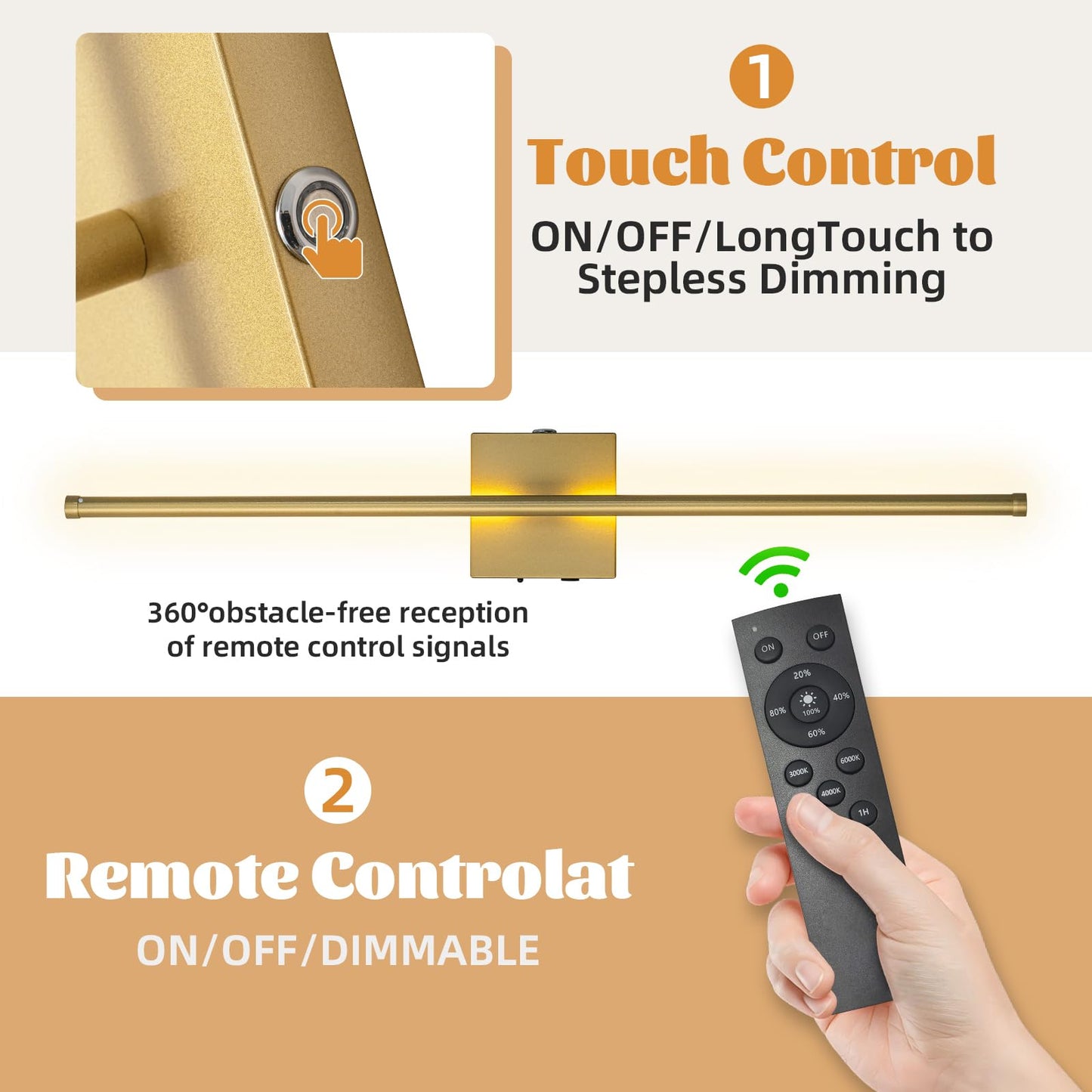 usiopup Battery Operated Wall Sconces, Gold Metal Vanity Lights, 28.3-Inch, Set of Two with Remote Control, Model 1610