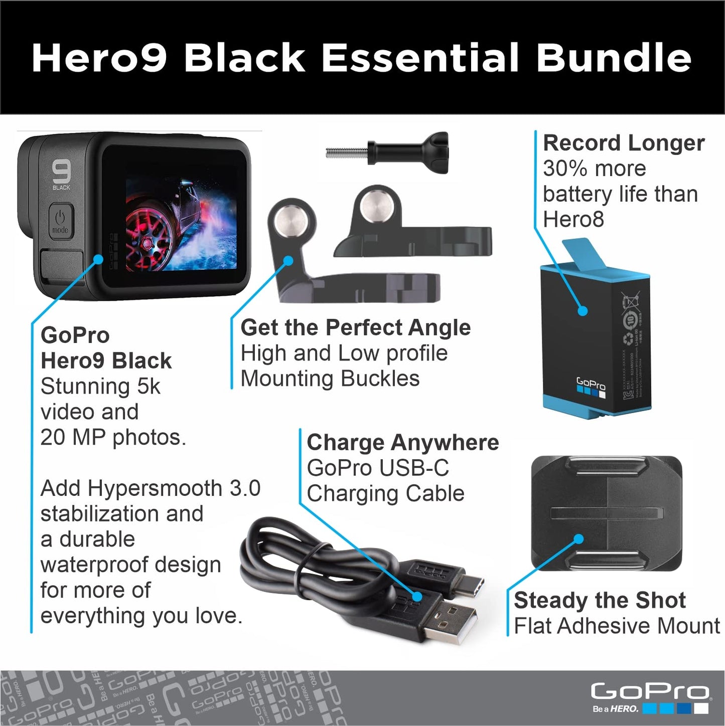 GoPro HERO9 Black Action Camera - 5K Ultra HD, 20MP, Waterproof, Front LCD, Touch Screen, Model CHDNH-B32