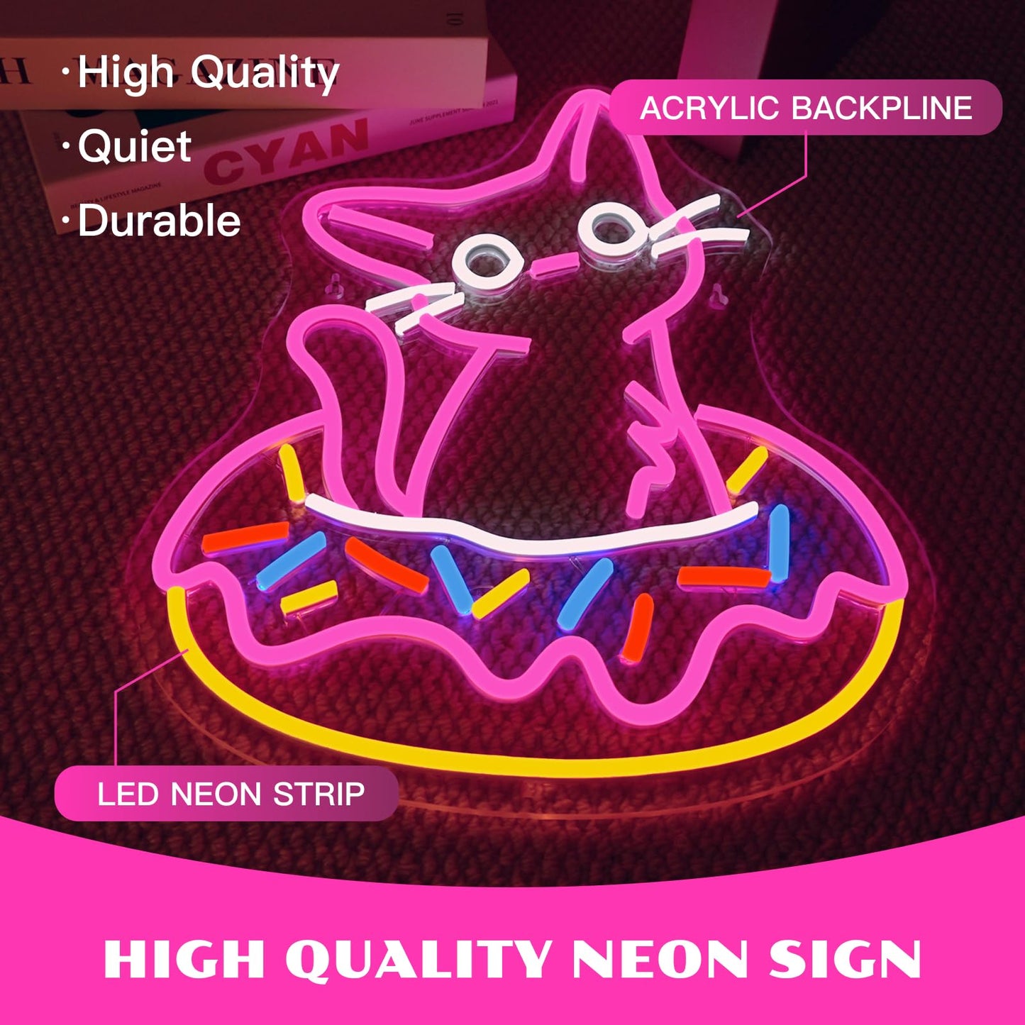 Ineonlife Donut Cat Neon Sign Led Lights Neon Lights For Wall Decor Led Sign For Donut Shop Cat Lover Donut Bakery Snack Shop Classroom Bedroom Cafe Gifts For Teens