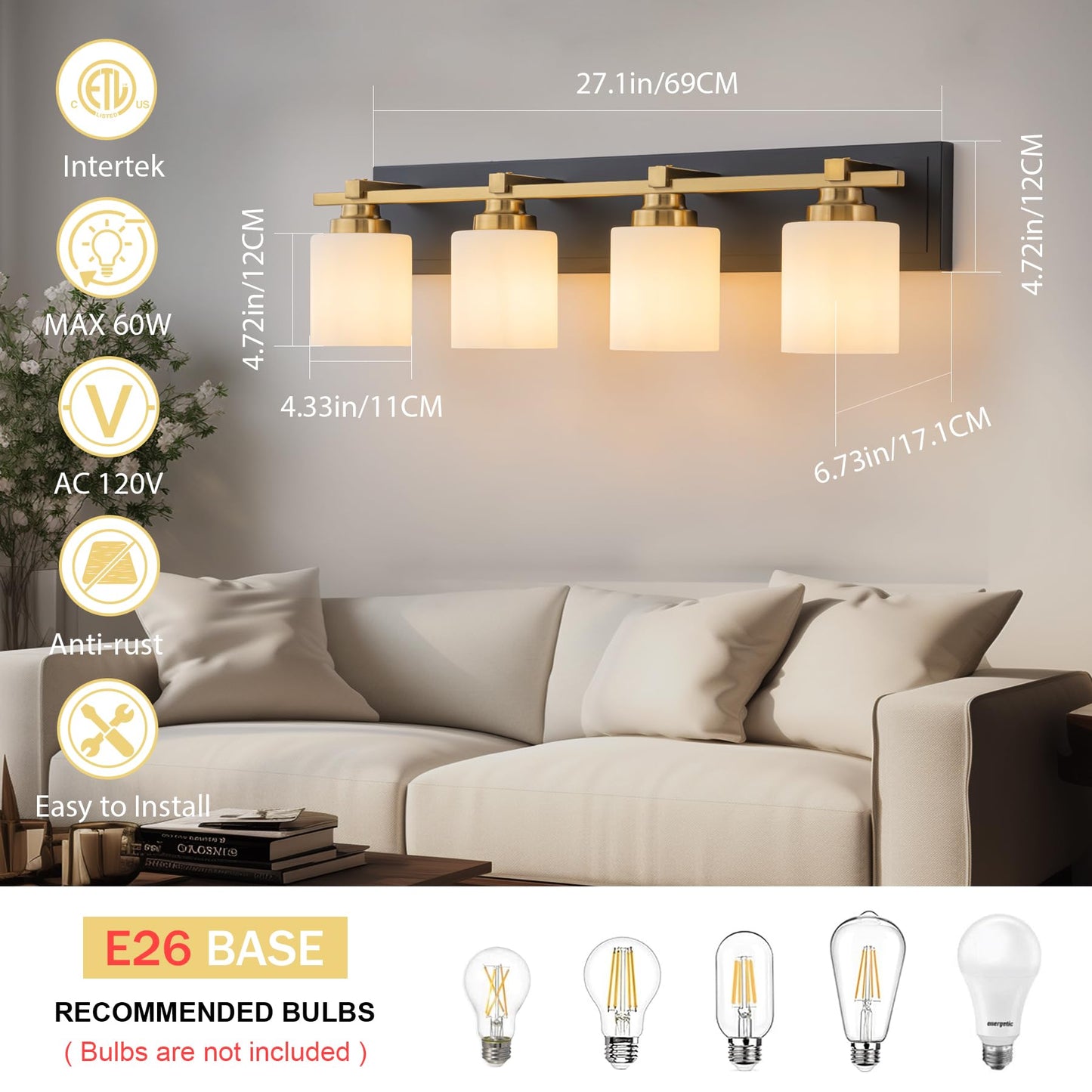 Brknit 4-Light Modern Bathroom Vanity Light Fixture, Black Gold With Milky White Glass Shades, E26 Socket, Model J0057-6-4T