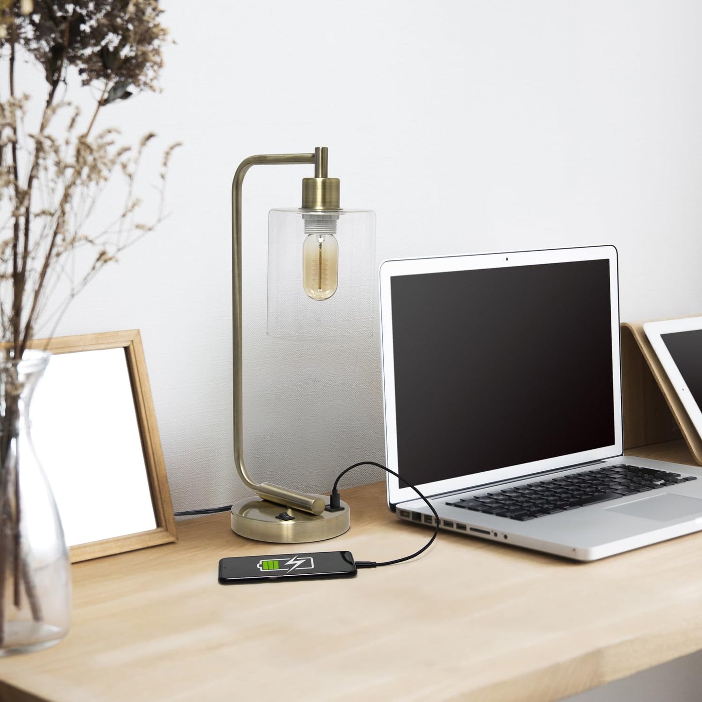 Simple Designs LD1066-RGD Industrial Iron Lantern Desk Lamp with USB Ports, Rose Gold, Glass Shade, USB-No Bulb