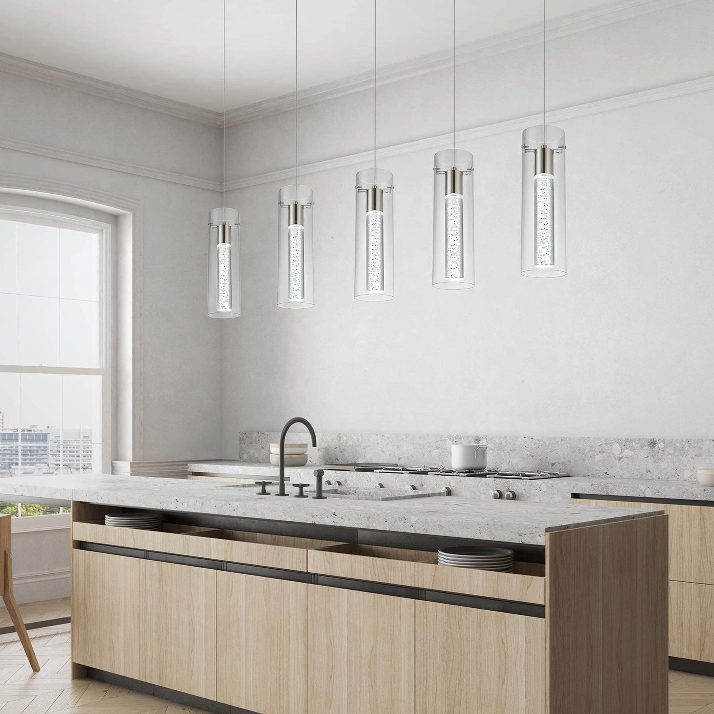 votag 5-Light LED Pendant Light Fixture Brushed Nickel Metal for Kitchen Island, Model PI-0172