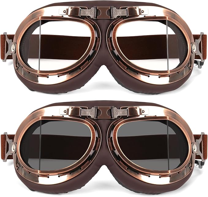 Lievermo Vintage Helmet Goggles 2 Pack Motorcycle Dirt Bike ATV Goggles Vintage Pilot Aviator Cruiser Scooter Off Road Mot...