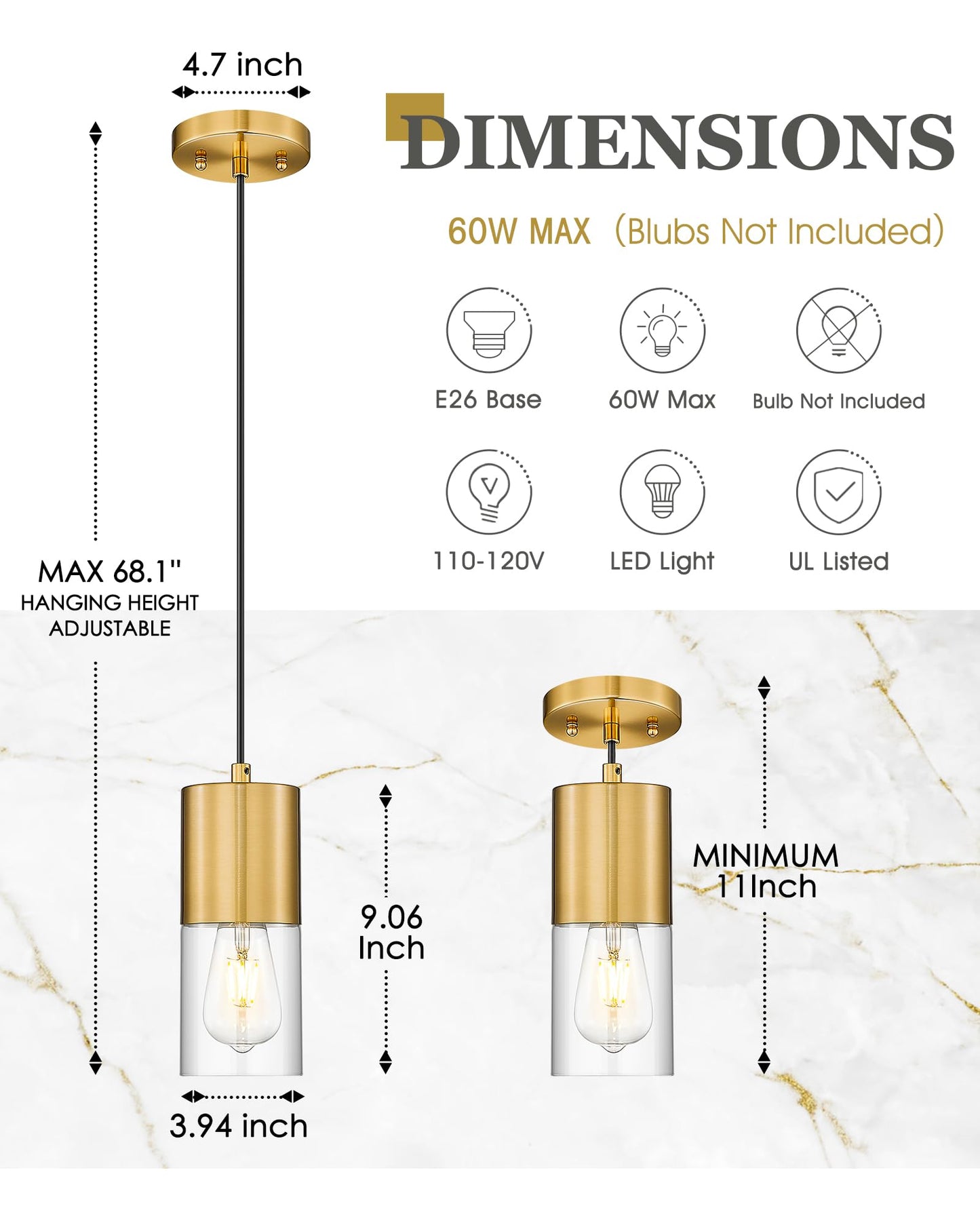 Audickic 2-Pack Pendant Lights Kitchen Island  Brushed Gold Shade Hanging Lights Fixtures With Cylinder Clear Glass  Brass Kitchen Pendant Lighting Over Island For Dining Room  Ad-24023-1P2-Gd
