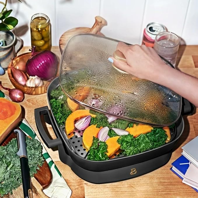 Beautiful 5-in-1 Electric Skillet 7QT, Cast Aluminum Extender, Nonstick, 1500W, Dishwasher-Safe Lid, Slow Cook, Steam. (Black Sesame)