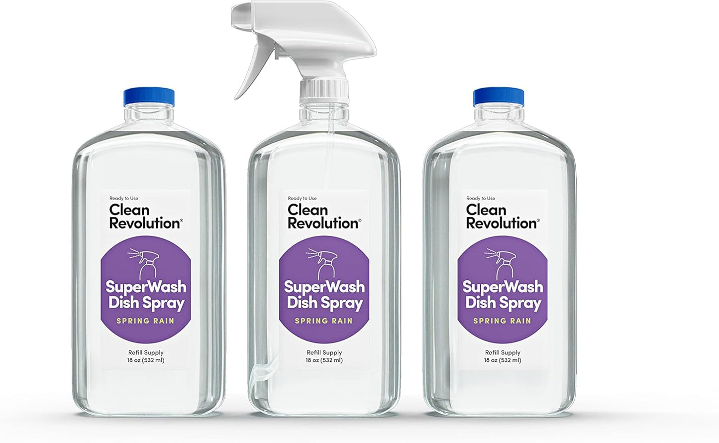 Clean Revolution SuperWash Dish Soap Starter Kit, Includes 3 18-Ounce Bottles One Trigger Sprayer, Compatible with Dawn Powerwash Sprayers, Spring Rain, Clear, 54 Fl Oz - Made in USA