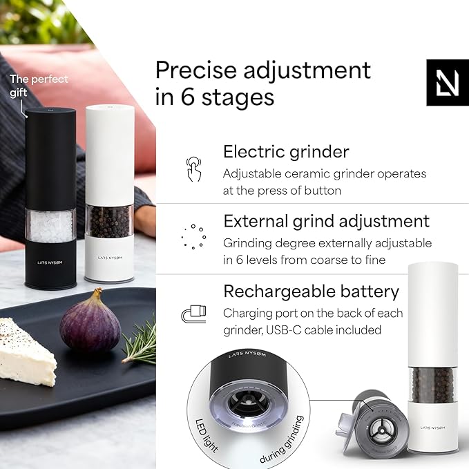 LARS NYSØM Electric Salt and Pepper Grinder Set I Automatic Salt and Pepper Mills with Adjustable Ceramic Grinder I USB Rechargeable Electric Spice Mill Set with LED Light (Black/White)