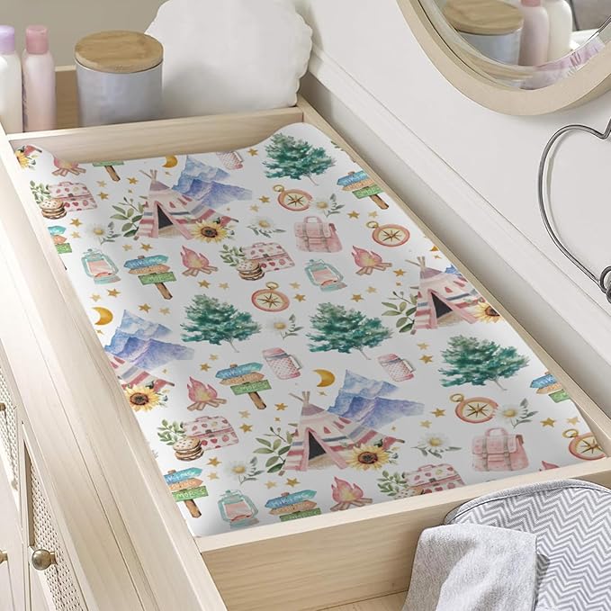 Outdoor Camping Baby Changing Pad Covers for Boy Girl 32''x16'' Summer Campsite Fitted Diaper Change Table Sheets Love Camp Camping Adventure Soft Nursery Baby Changing Pad Table Mats
