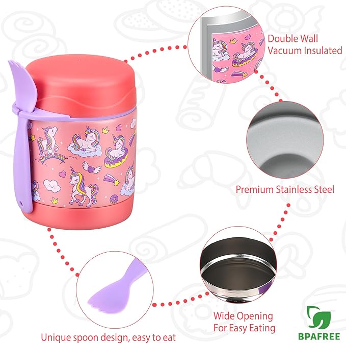 Kids' Lunch Insulated Food Jar with Spoon - 10oz Stainless Steel, Leak Proof, Wide Mouth, Hot Food Thermo for School (Pink, Unique Horse)