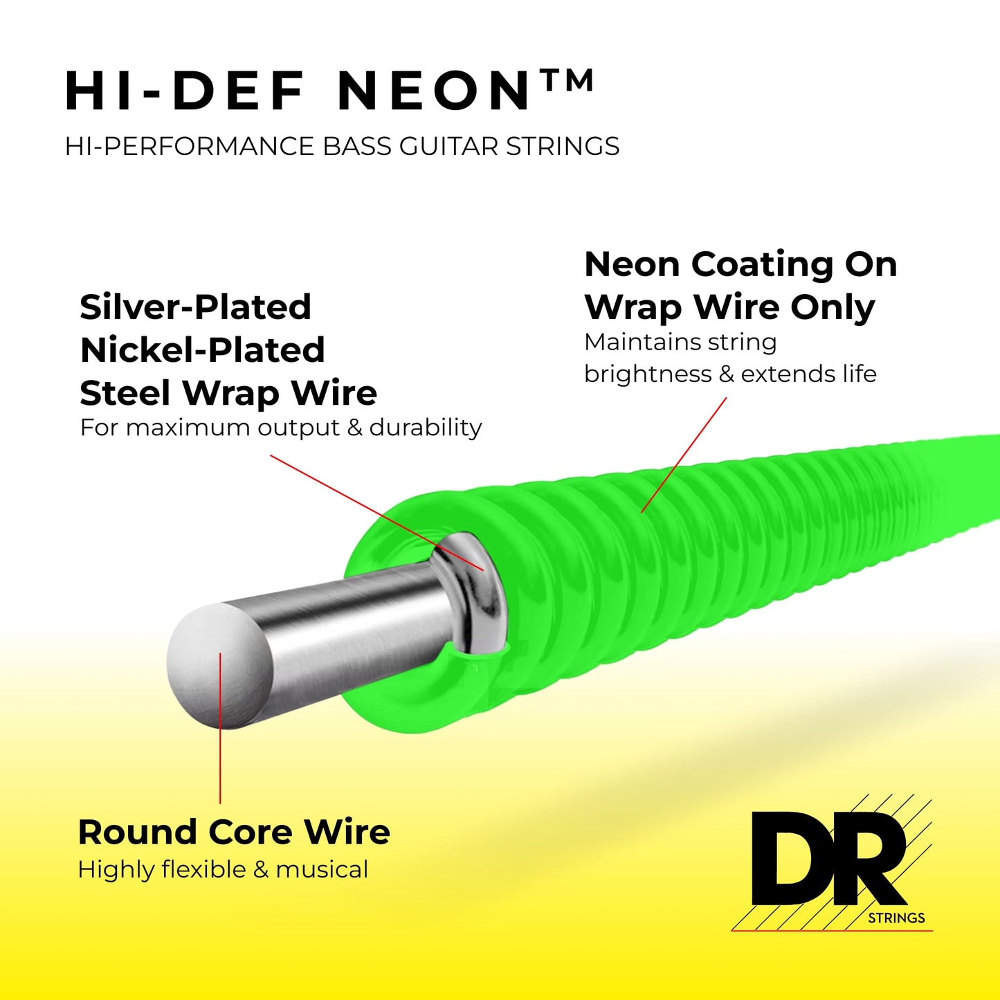 Dr Strings Ngb5-45 Hi-Def Neon Green K3 Coated Bass Guitar Strings - .045-.125 Medium 5-String