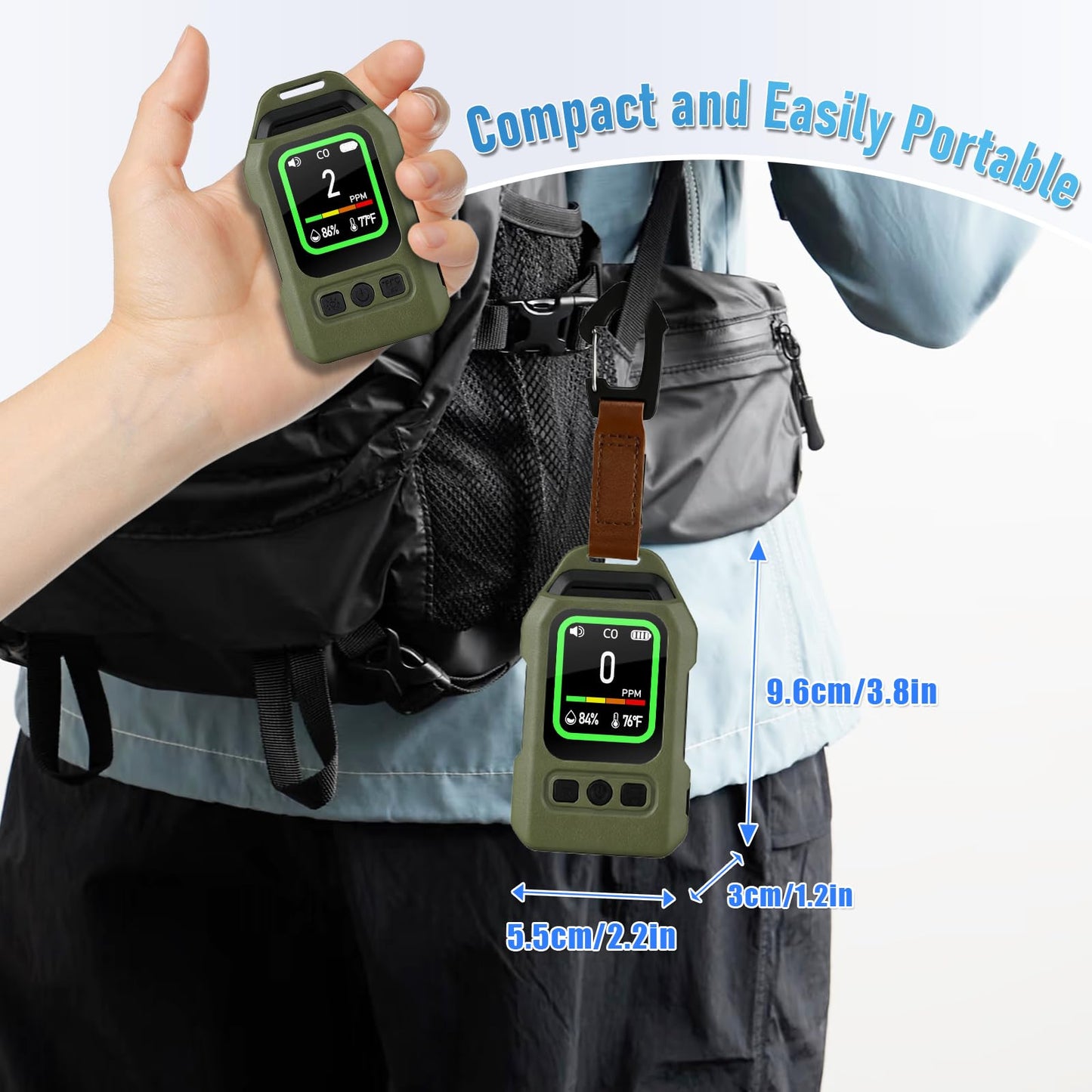 Lwuey Portable Carbon Monoxide Detector for Travel, Professional 4-in-1 Square CO Monoxide Monitor with Audible and Visual Alarm Rechargeable Backlit LCD Screen 300HR Standby for Home Car Camping Tent