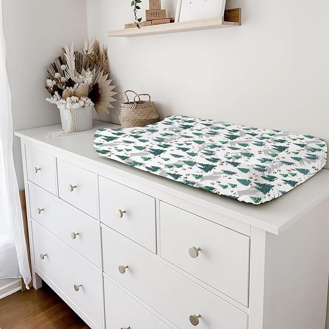 Green Pine Forest Animals Tracks Baby Changing Pad Covers Pine Trees Paws Mountain Diaper Changing Table Sheets for Girl Boy Soft Breathable Stretch Fitted Nursery Change Table Mat 32''x16''