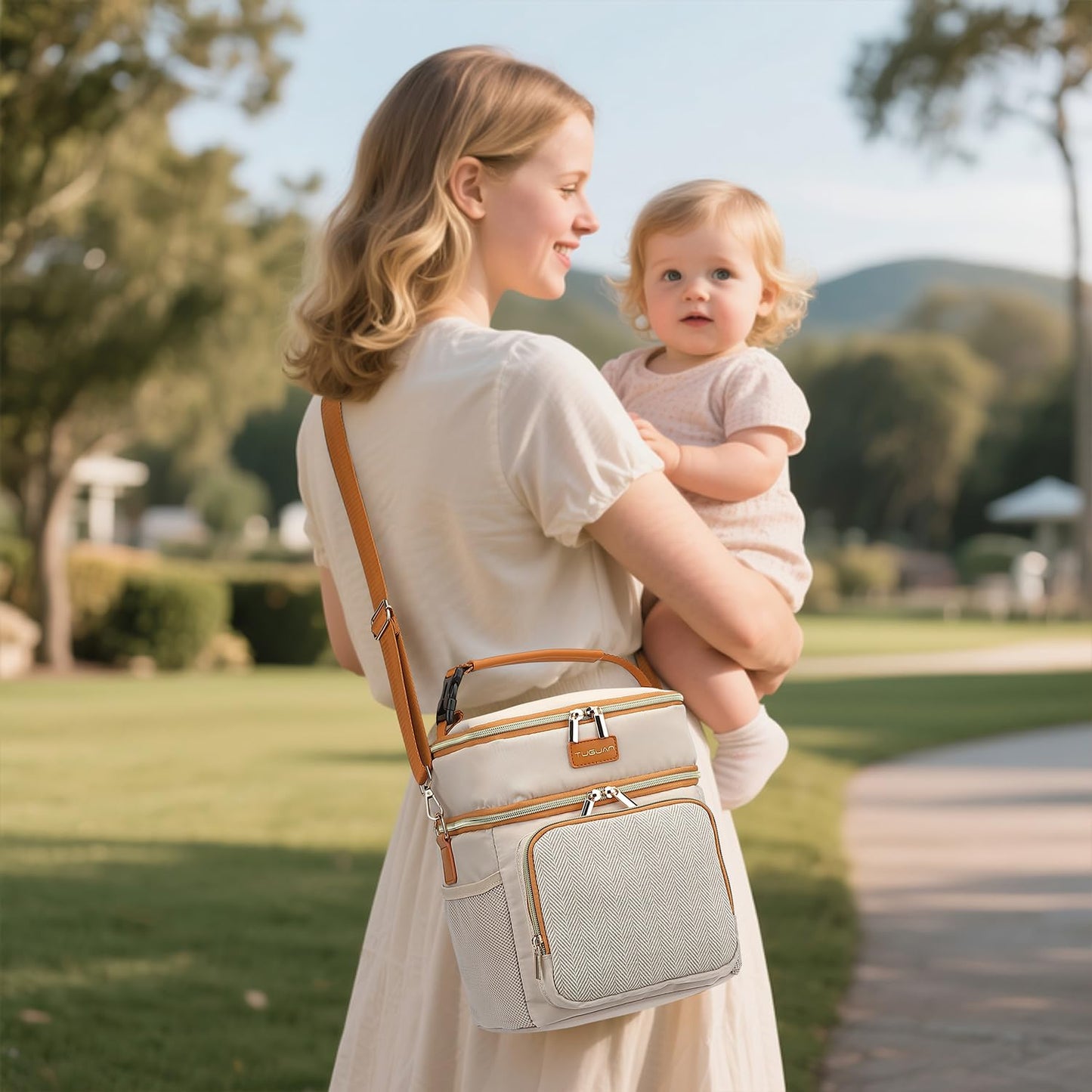 Double Layer Breastmilk Cooler Bag with Ice Pack Insulated Travel Bag for Baby Bottle Breast Milk Storage & Feeding Fits 6 Bottles Up to 9 Ounces Portable Leakproof Bottle Bag for Travel Daycare Beige