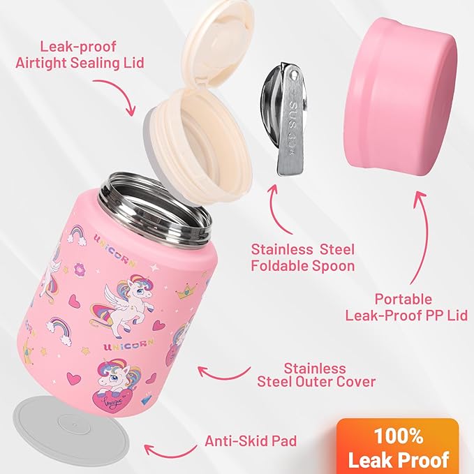 Charcy 17oz Thermo for Hot Food, Soup Thermo Food Container for Lunch Box with Folding Spoon ZB - Pink Unicorn Y