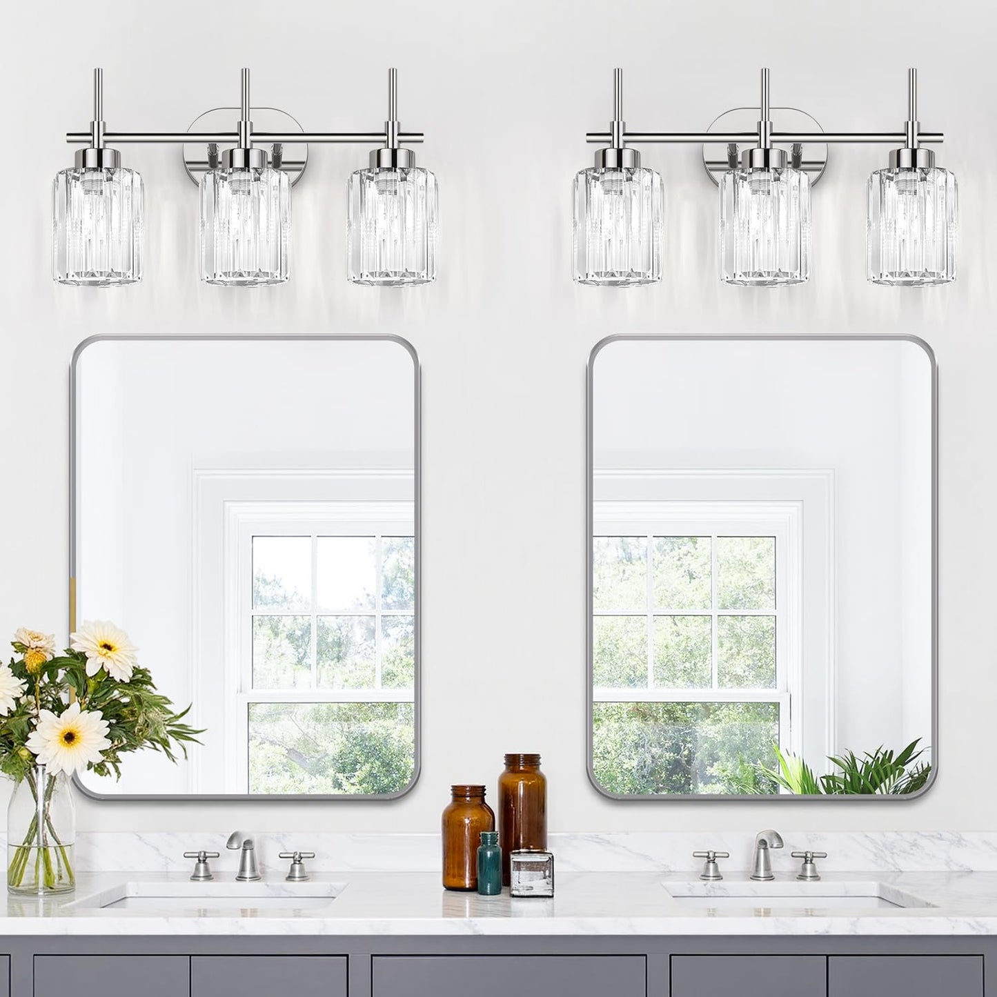 Meybiok Modern Crystal Bathroom Vanity Light, 3-Light Chrome Vanity Light with Clear K9 Crystal Shades, Bathroom Light Fixtures Over Mirror (Bulbs Not Included)