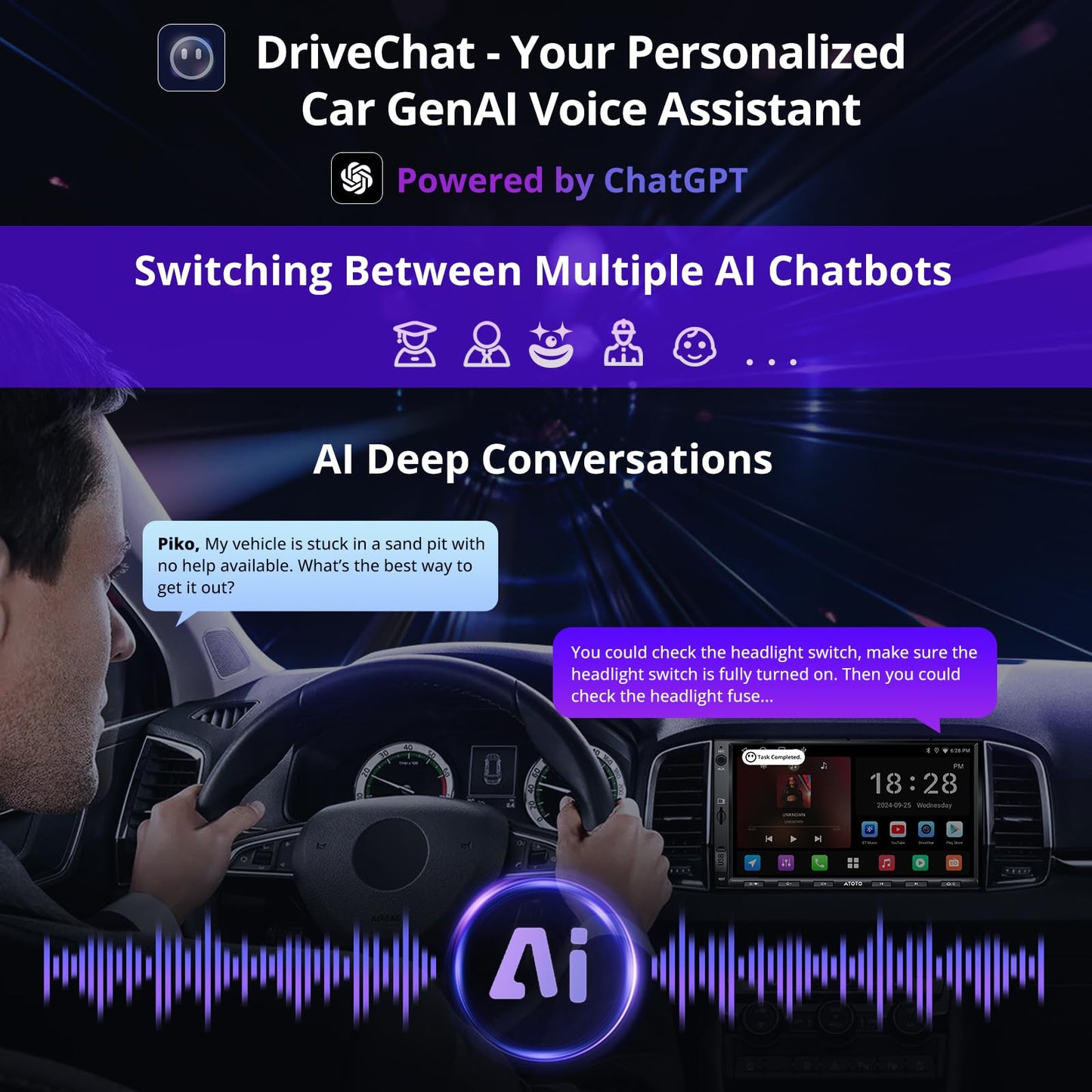 ATOTO A5L 7inch Android Double DIN Car Stereo, Wireless CarPlay&Android Auto Touch Screen, Wi-Fi/BT/USB Tethering, 2G+32G Car Radio Bluetooth, 24B-EQ DSP, MirrorLink, GPS/SWC/FM/AM,AI Chat, A5LG2A7T