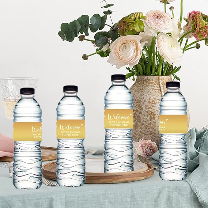 100PCS Wedding Water Bottle Labels Waterproof Greenery Floral Wraps Sticker for Water Bottle Baby Shower Bottle Label for Bridal Shower Party Thanks（Glod）