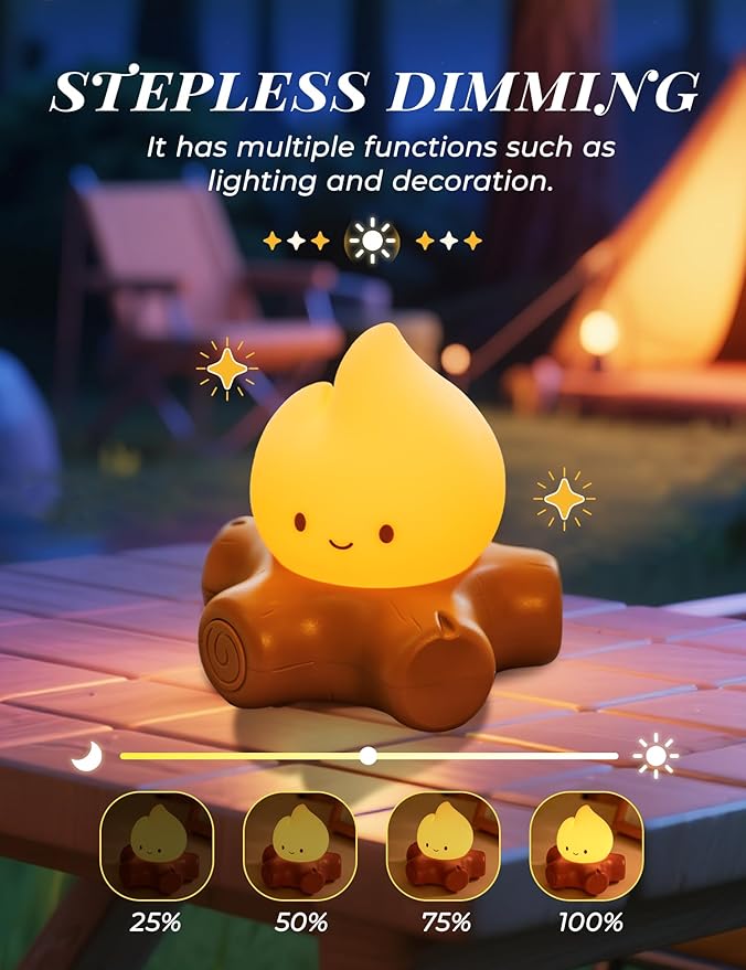 Chibi Campfire Night Light, Silicone, LED Light up Flame Lights, Dimmable, Rechargeable Bedside Nightlight, Baby Nursery Dorm Kawaii Lamp Décor