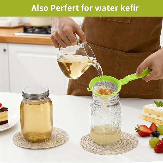 Kefir Strainer Set, 2-Size Plastic Non-Metal Sieve with Fine Mesh for Kefir Grains, Milk Kefir, Water Kefir & Kombucha - Durable, Food Grade & Easy Clean, Green