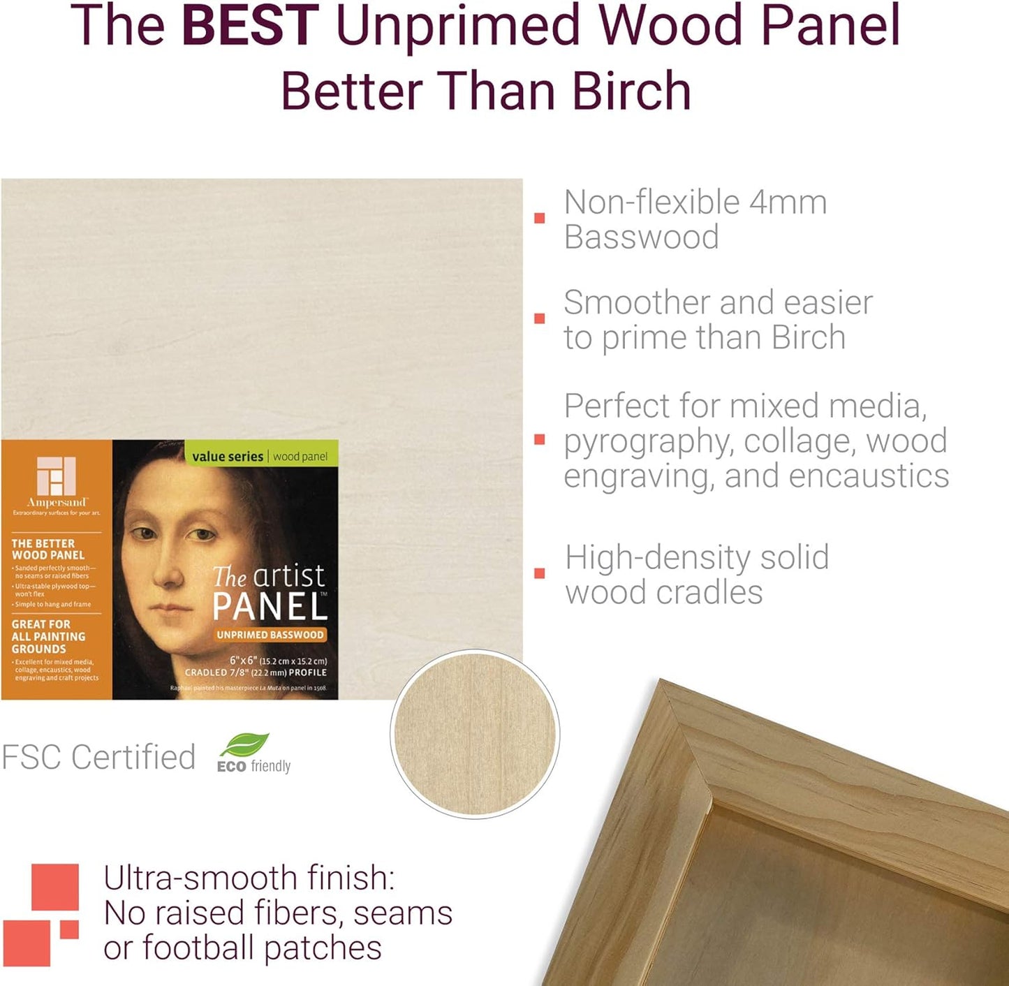 Ampersand Art Supply Unprimed Basswood Artist Panel, 1-1/2" Cradled Profile 11"x14"