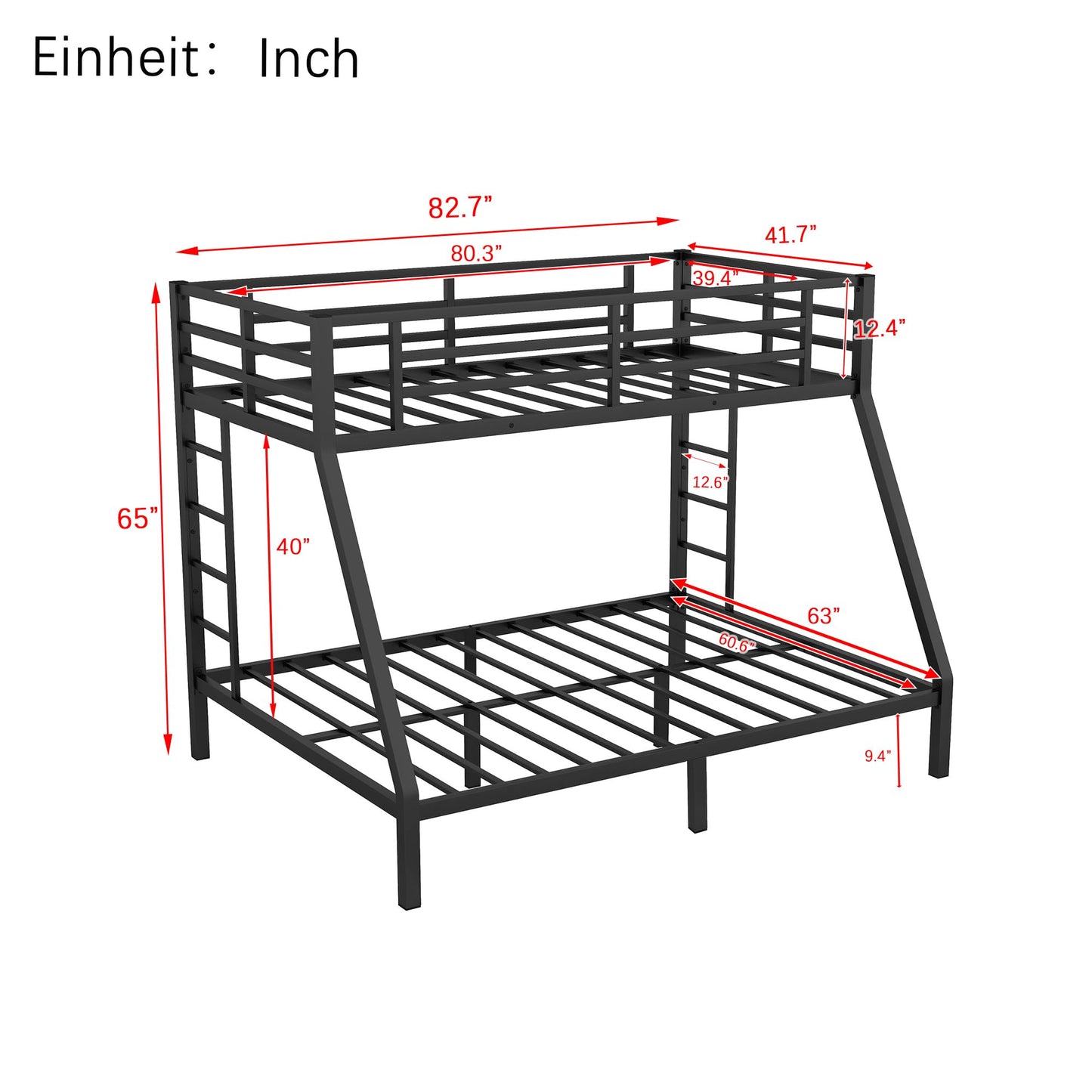 Bellemave Metal Bunk Bed Twin XL Over Queen, Heavy Duty Bed Frame with Guardrails & 2 Side Ladders, Noise Free Sturdy Twin Over Queen Bunk Beds for Adults & Kids, Black