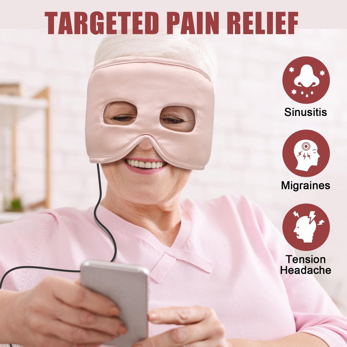 Heated Sinus Relief Mask for Sinus Pressure, Migraine & Headache – USB Corded Face Heating Pad with 3 Temperature Settings & 30-Min Auto Shut-Off, Pink