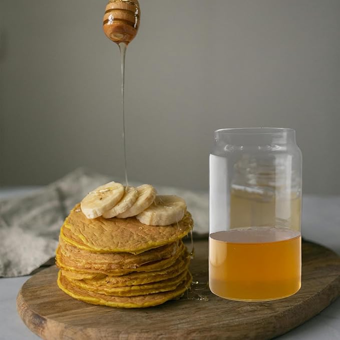 24 oz Glass Honey Jar with Wooden Dipper & Lid - Airtight Honey Pot, Wide Mouth Syrup Dispenser, No Drip Container for Home Kitchen，Clear Honey Container for Home Kitchen