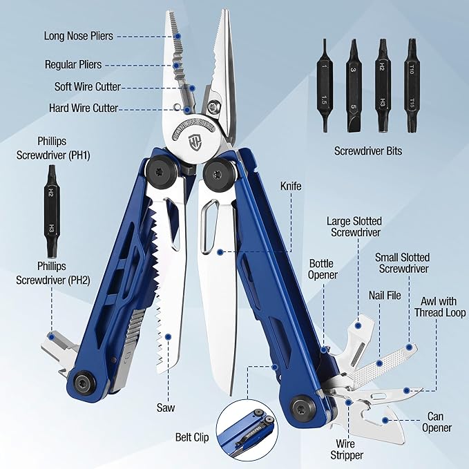 WORKPRO 24-in-1 Mutitool, Stainless Steel Multitool Pliers with Pocket Knife and Screwdrivers, EDC Self-locking Multi Tool with Sheath, Belt Clip for Outdoor Activities, Gifts for Men, Blue