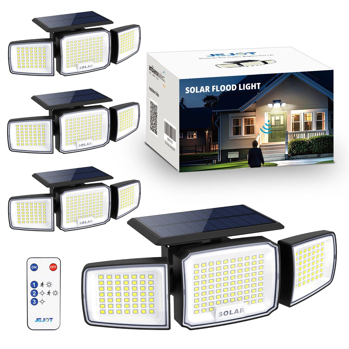 JEJOT Solar Security Light Outdoor LED with Remote Control, Radar Motion Sensor, 3 Heads, IP65 Waterproof, 4 Pack, Model j111