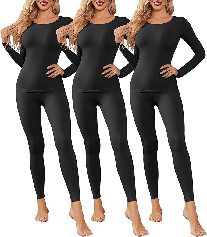 Ekouaer 3 Pack Thermal Underwear for Women Long Johns Long Sleeve Base Layer Thermals Cold Weather Sets