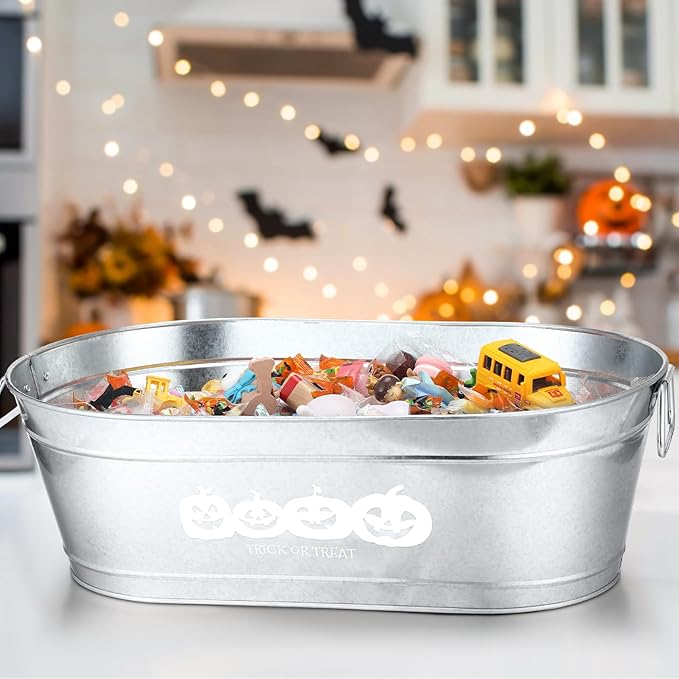 2 Pcs Halloween Pumpkin 5.5 Gallons Galvanized Beverage Stainless Steel Ice Buckets Tubs with Handles, Large Drink Wine Cooler Bins for Parties Farmhouse Garden Bar Christmas(Trick or Treat)