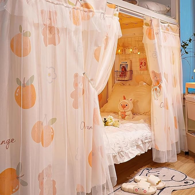 Beautiful Gauze Bunk Bed Curtains Drapes with Lace Privacy Bed Canopy for Bottom, 2 Panels, Orangebear