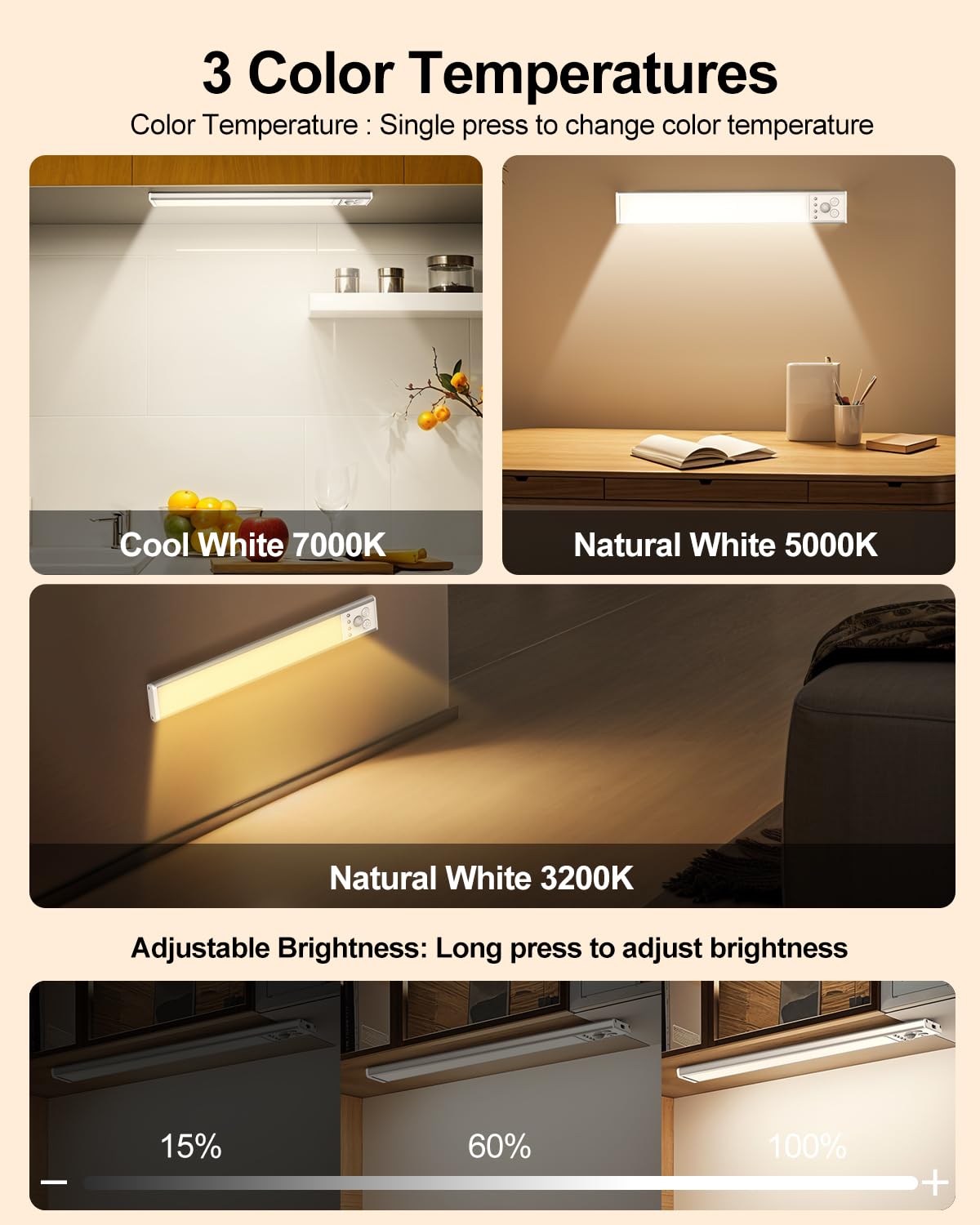 Under Cabinet Lighting  Led Motion Sensor Light Indoor With 3 Color Dimmable  2000Mah Battery Operated Closet Lights Rechargeable Lamp  Magnetic Under Counter Night Lights Used In Cabinet (12 Inches)