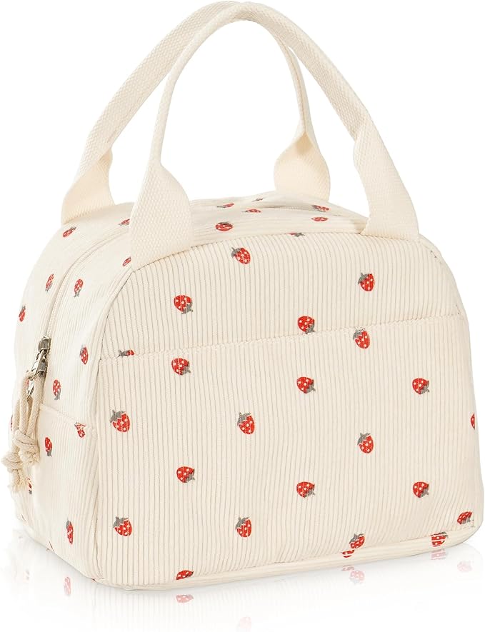 Lunch Bag for Women Mini Strawberry Insulated Lunch Box Reusable Cooler Bag Portable Cute Corduroy Leakproof Tote Bags for Travel, Work, and Picnic